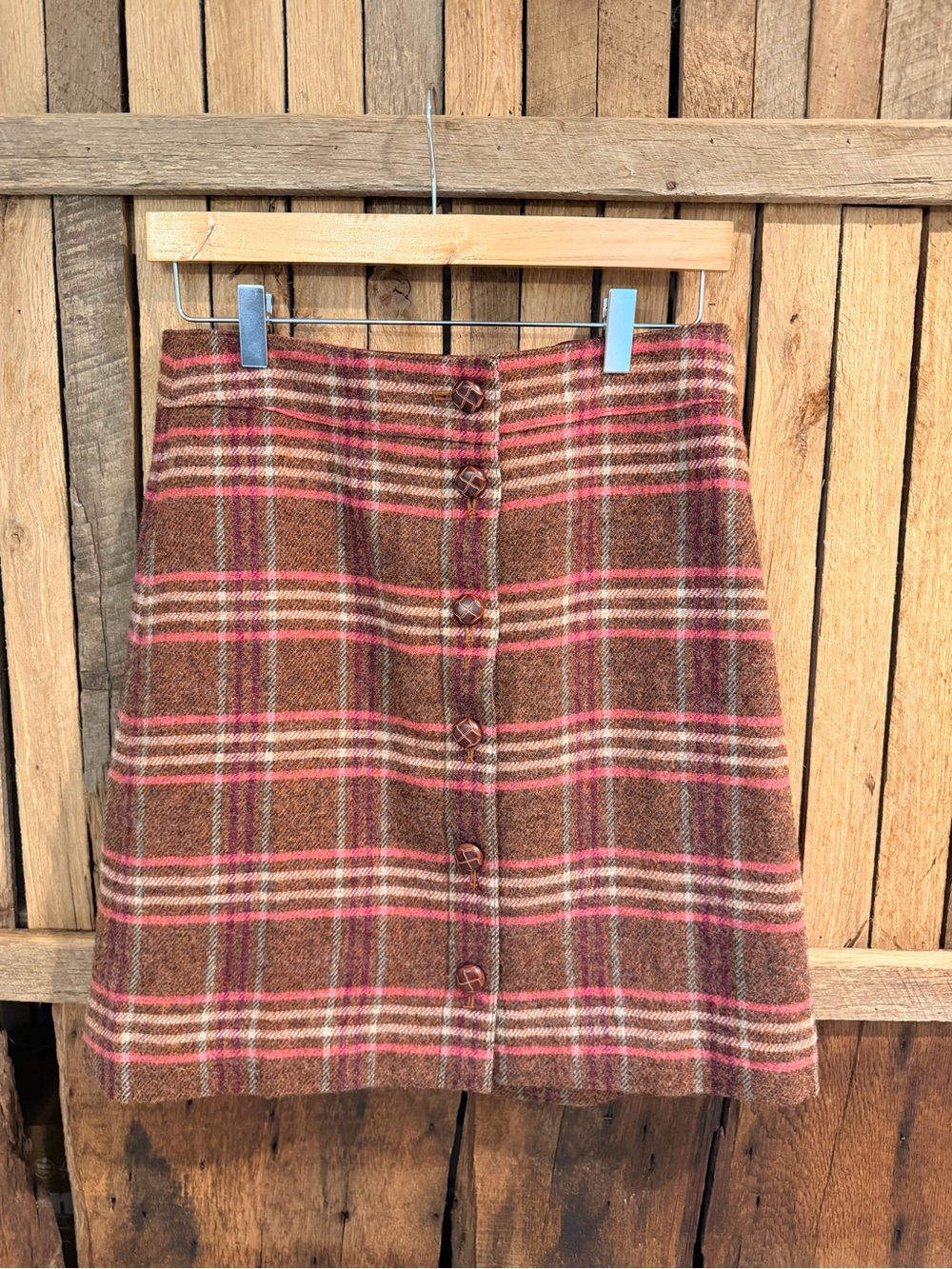 Talbots Brown Plaid A-Line Skirt with Pink Stripes